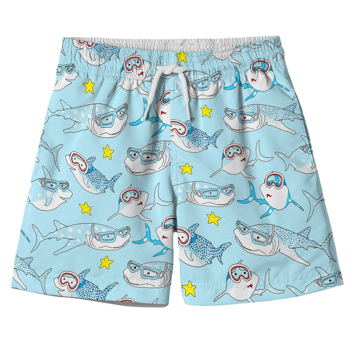 Shark Print Board Shorts with Goggles